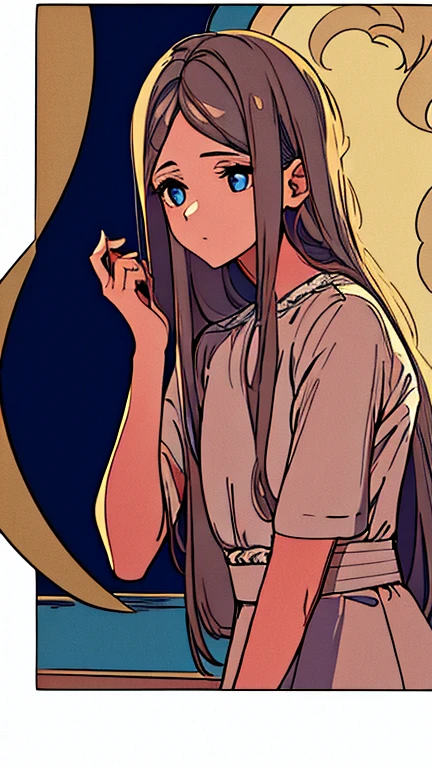 Uma branca, cabelo liso castanho claro com os olhos castanhos escuros, venting about being in love and confused at the same time to the Moon and the Moon is listening to her vent