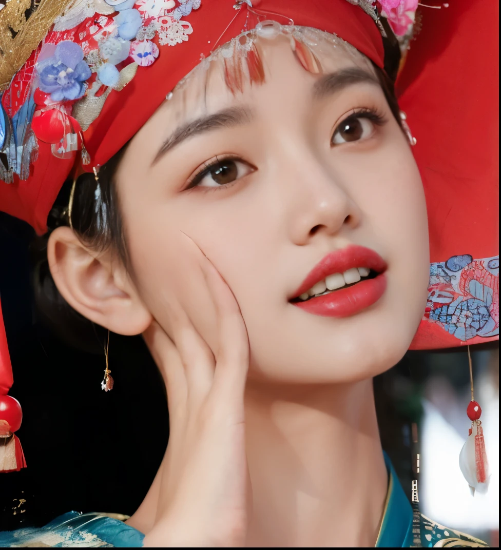 Wearing a red hat、wearing blue dress、Araffe lady holding a red umbrella, Inspired by Lu Ji, Inspired by Dai Xi, Inspired by Xu Xi, Inspired by Wu Bin, Inspired by Huang Ji, Inspired by Puhua, Inspired by Luo Mu, Chinese girl, Cover Photo Cuckoo Portrait, chinese woman, Inspired by Ma Yuanyu