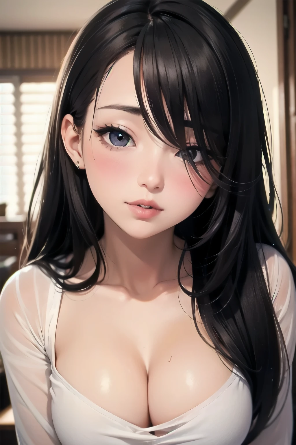 Sexy and cute woman, black brown hair, long hair, straight hair, weak eyes, blushing intensely, lips parted, ready to kiss, long oversized white shirt