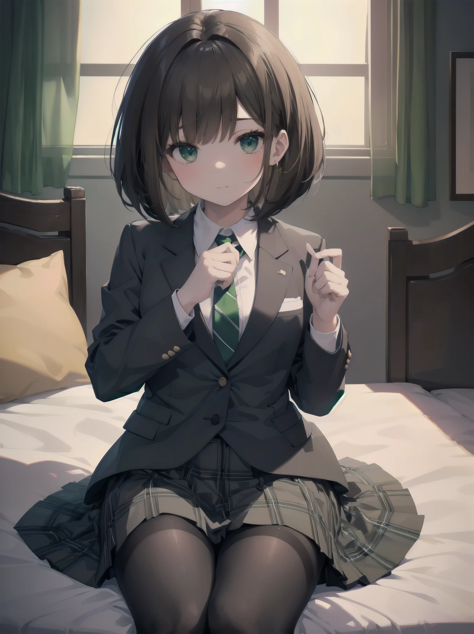 Top-High quality、Highest image quality、masterpiece、high contrast、Vulgarity、high school girl、on the bed、brown hair、bob cut、uniform、(brown blazer)、ribbon tie、(Green and gray plaid skirt)、(black tights)、cinematic lighting、fine shading