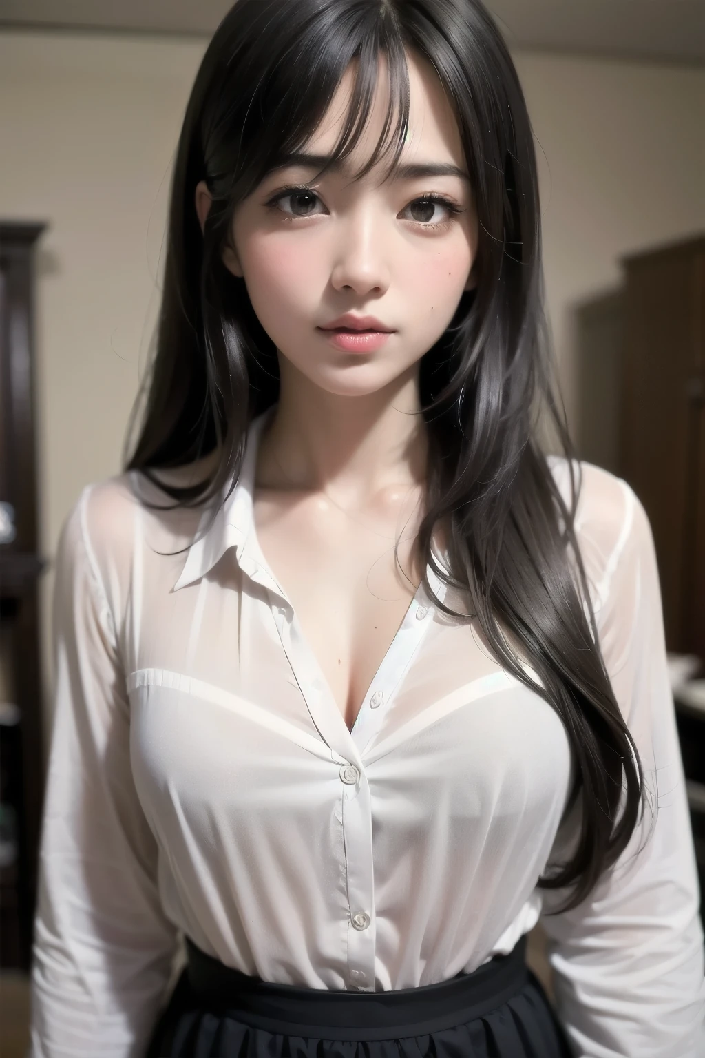 Sexy and cute woman, black brown hair, long hair, straight hair, weak eyes, blushing intensely, flustered, lustful, lips parted, long oversized white shirt, pinned against a wall