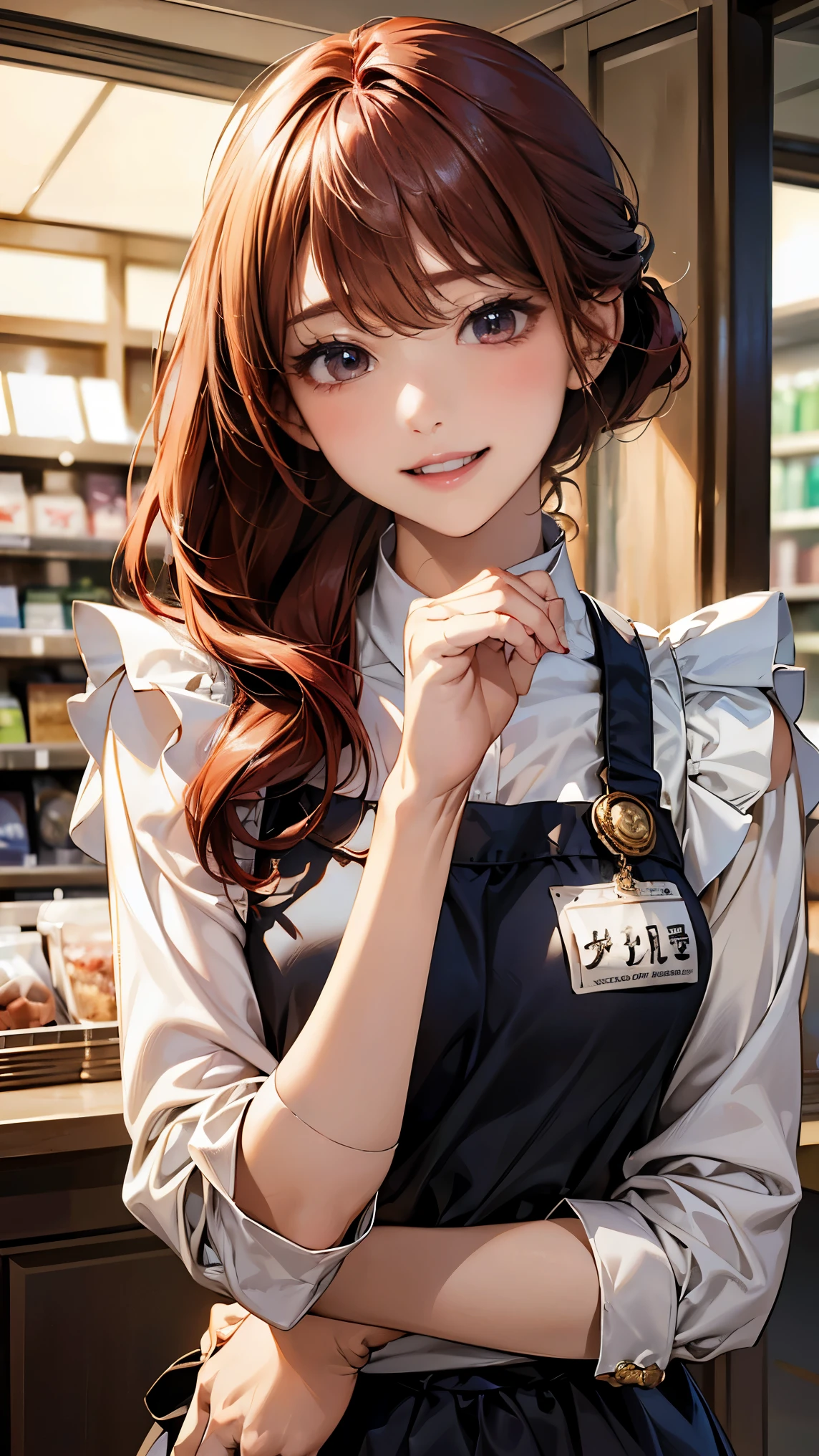 A breathtaking masterpiece、Captured in breathtaking 8K resolution、The portraits are exquisitely detailed and realistic.。The scene is bathed in HDR light.、Depicts a beautiful woman at a medium distance、((chignon:1.6、straight hair、red hair))、medium breasts、high school girl、(convenience store clerk、blouse、The apron is clean、Has the store logo。A name tag is attached to the chest、We welcome our customers with a bright smile。)、In a perfect contrapposto pose、Her hands were delicately placed on her head、Smiling amiably at the viewer。She exudes an aura of grace and charm.。