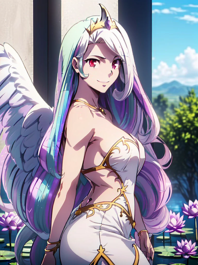 gran calidad ++ Extremely detailed high resolusionolution, very aesthetic, ojos expresivos, (((Cara perfecta))), (((face symmetrical))), ((good anatomy)), (((manos perfectas))), (((8k))), UHD, Fondo de pantalla HD, (((alta calidra detallada, (((((1girl)))))), solamente, Obra maestra, La mejor calidad, high resolusion, Altamente detallado, (illustration), hermosos ojos detallados, (((combatant))), (((1girl))), ((((cuerpo completo)))), (((((((irisviel von einzbern)))))), (((((princess_celestia)))), ((((forma humana)))), (((((smile))))), ((princesa celestia humanizada)), Celestia, Celestia de My Little Poni, celestia en forma de milf, Cabello largo y ondulado, (((red eyes))), (((strapless tube dress))), (((purple heart promise))), (((white dress))), (((milfication))), (((mature female))), (((gigantic breasts))), (((orejas blancas de pony))), (((Dedos detallados))), (((white wings on the back))), (((cuerno de unicornio))), Dedos precisos, Manos no antinaturales, strange eye, columnas griegas, exterior, hermoso bosque majestuoso, hojas de parra rodeando las columnas, arbustos de flores por todas partes, cielo despejado, bright sunny day, water lilies, bosque celestial,