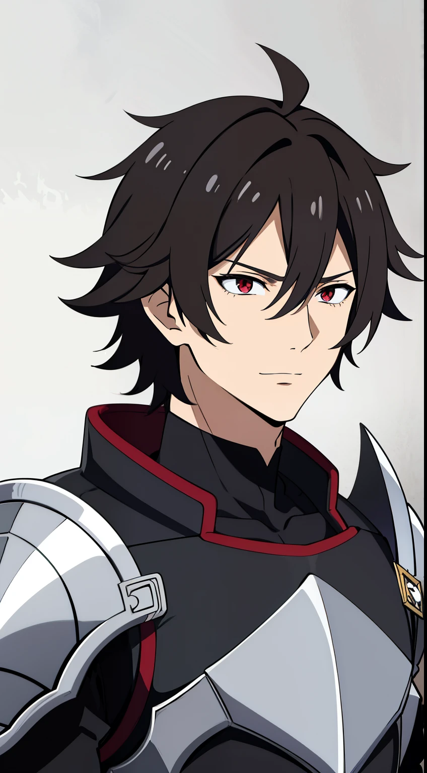 (high-quality, breathtaking),(expressive eyes, perfect face) 1boy, male, solo, age 20, young adult age, masculine face, black color hair, red eye color, spiky fluffy hair, medium hair length, messy loose hair, narrow eyes, Symmetrical Eyes, portrait, soft smile, grey background, fantasy armor, mature, knight armor, hair between eyes, Blade Honkai