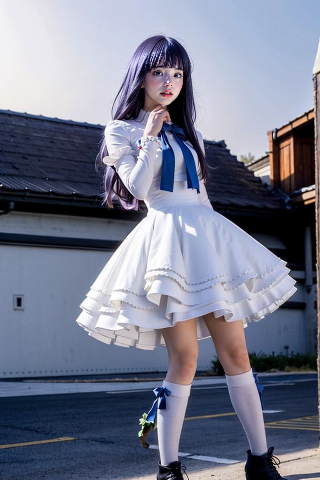 (masterpiece), best quality, 30's woman, frederica bernkastel, dress, tail bow, purple hair, bowtie, cat tail,, socks, (crazy eyes:1.2), (troll face), (flying), (candy:1.4), sky, outside, red sky, milky way, amazingly beautiful, cyberpunk, photorrealistic, standing position, hyper realistic, perfect hands