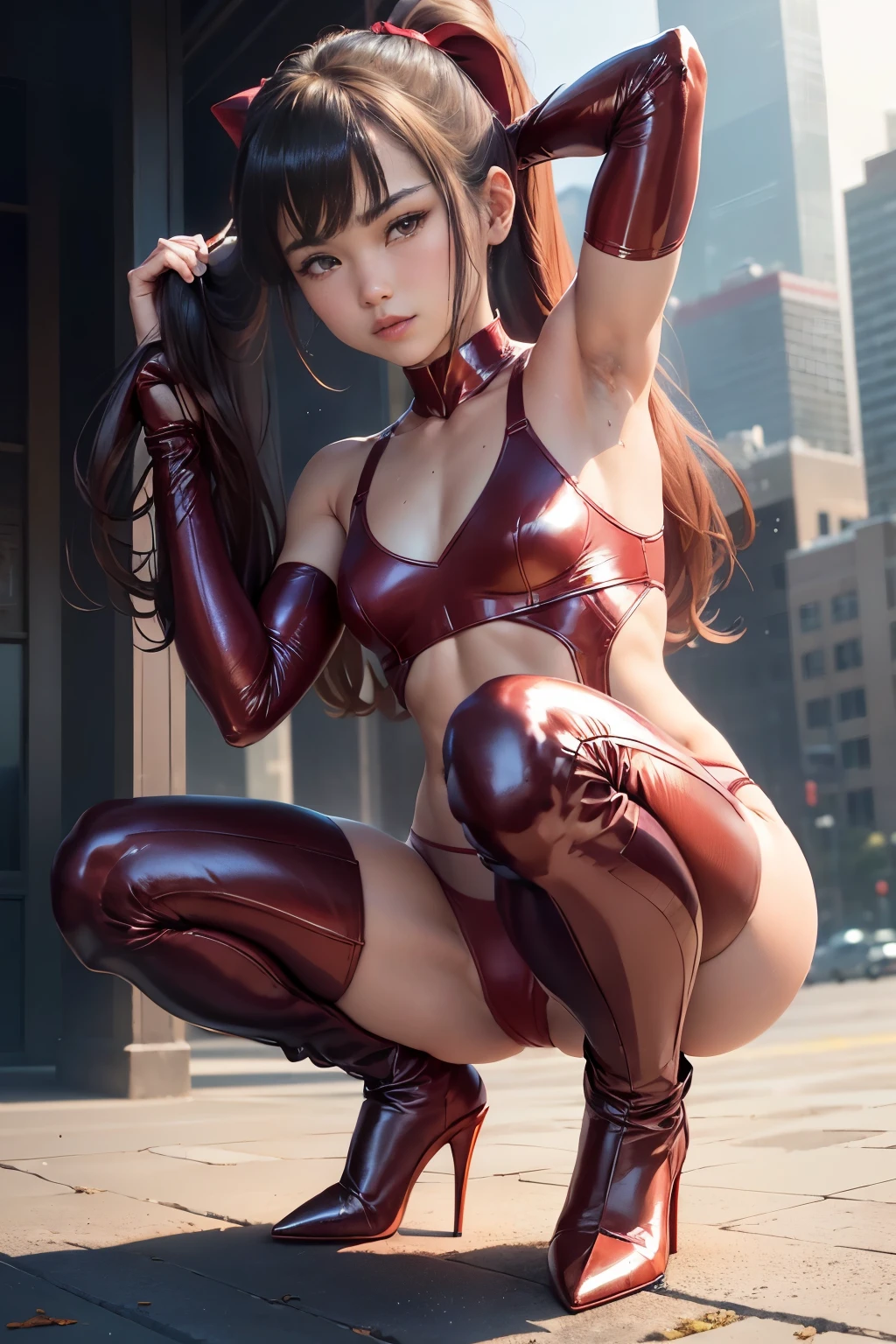 NSFW、((flat chest))、((Rogel))、(((Photo from the front of the body)))、highest quality、best image quality、masterpiece、Creating Japanese Women, Day Park Bench, black shiny hair, , Ponytail hair with bangs, Blue eyes and Igamem Realistic RAW 8K, The top of a skyscraper shining in the blue sky, Lens Tips, Superman, ((Uniform style separate costume for athletics))、((No sleeve))、Supermanのスーパーガーメントはブルーメタリック、abs、(((Small red metallic panties))), (((High leg)))、(((camel toe:1.2))), bulge in pants, female pervert々Lion Junior, (embarrassing)、blush, ((Sweat)), Superman symbol on background、(((squatting on the ground)))、(((squat)))、(((Open your crotch wide from side to side))), (((Please spread your legs and show me)))、(((Long boots in red metallic stiletto heels)))、(arm behind head)、(show off your armpits)、look at the audience、Please show your crotch to the viewer、professional photography、professional lighting、natural soft light、