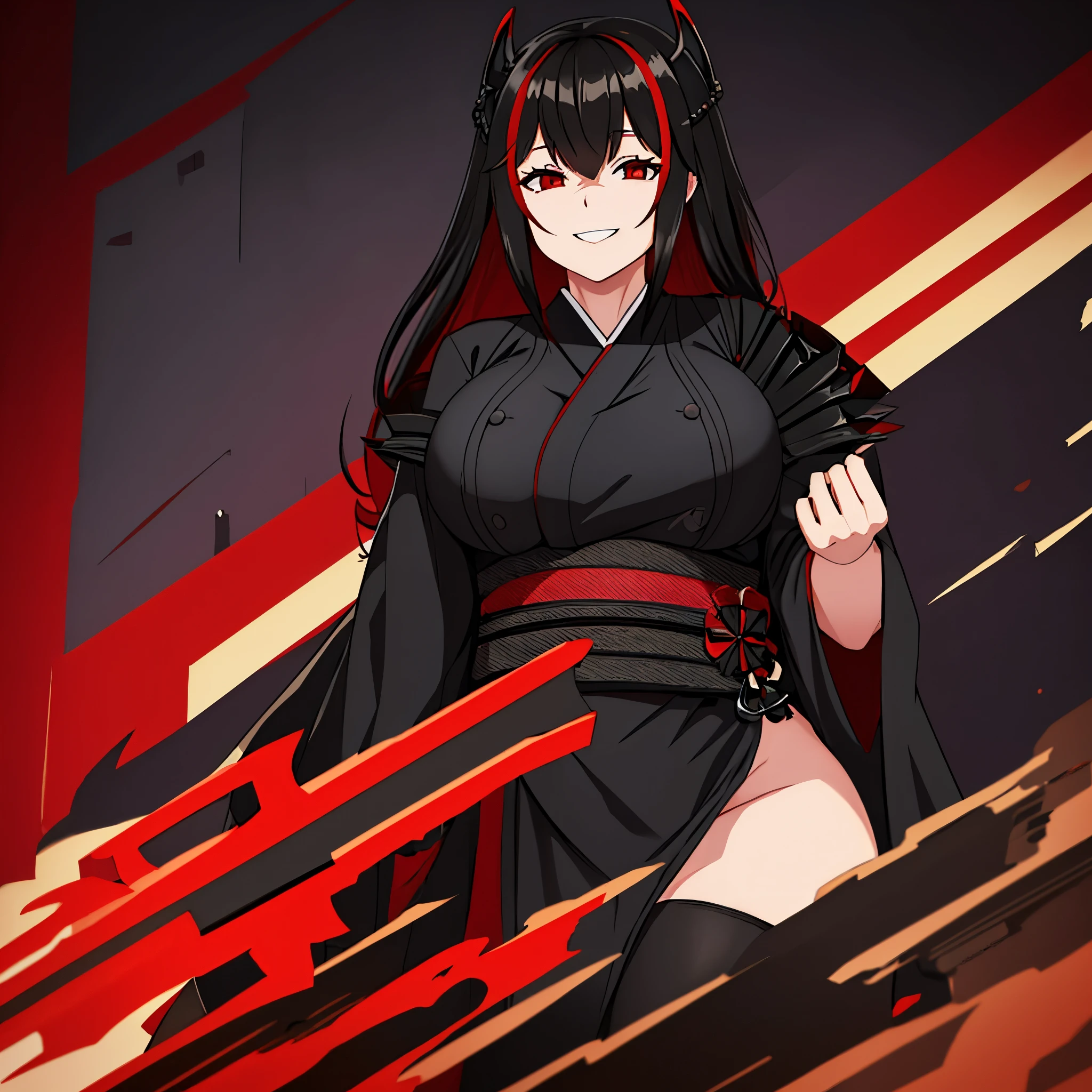 a woman with black red kimono, empty shoulders, iron cross on kimono, black fur cape, long blonde hair with black highlights, red hair, red and black bangs, big breasts, red eyes, scary smile, outside a Japanese house , very detailed, ultra resolution, work of art. 8k hd
