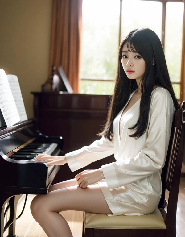 (1 girl)、best quality、masterpiece、ultra high resolution、(Photo realism:1.4)、original photo、1 girl、straight hair、piano、breast、long sleeve,、White tulle、portrait、shadow、octane rendering、8K、Super sharp、silk pajamas、Delicate silk details、、very intricate details、realistic light、(Practice room)、shining eyes、朝向piano、小LED、側身面向piano.