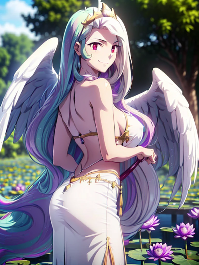 gran calidad ++ Extremely detailed high resolusionolution, very aesthetic, ojos expresivos, (((Cara perfecta))), (((face symmetrical))), ((good anatomy)), (((manos perfectas))), (((8k))), UHD, Fondo de pantalla HD, (((alta calidra detallada, (((((1girl)))))), solamente, Obra maestra, La mejor calidad, high resolusion, Altamente detallado, (illustration), hermosos ojos detallados, (((combatant))), (((1girl))), ((((cuerpo completo)))), (((((((irisviel von einzbern)))))), (((((princess_celestia)))), ((((forma humana)))), (((((smile))))), ((princesa celestia humanizada)), Celestia, Celestia de My Little Poni, celestia en forma de milf, Cabello largo y ondulado, (((red eyes))), (((strapless tube dress))), (((purple heart promise))), (((white dress))), (((milfication))), (((mature female))), (((gigantic breasts))), (((orejas blancas de pony))), (((Dedos detallados))), (((white wings on the back))), (((cuerno de unicornio))), Dedos precisos, Manos no antinaturales, strange eye, columnas griegas, exterior, hermoso bosque majestuoso, hojas de parra rodeando las columnas, arbustos de flores por todas partes, cielo despejado, bright sunny day, water lilies, bosque celestial,