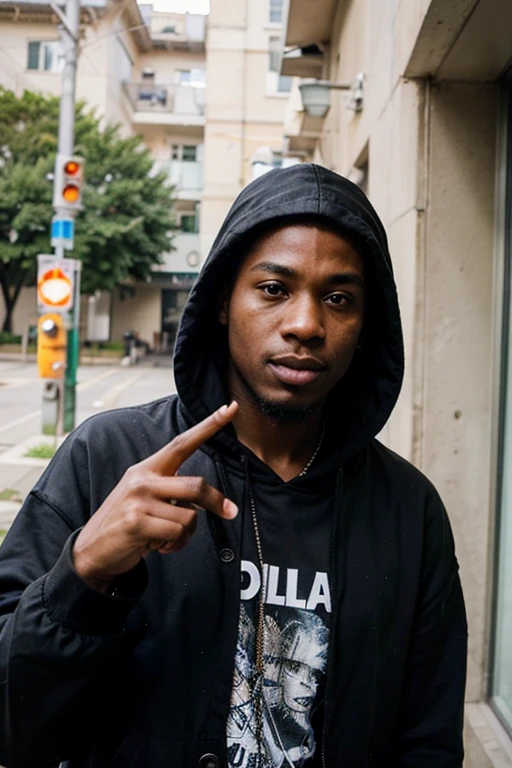 Make a gangmember hanging outside with his hood on and smoking weed. He is a black male 