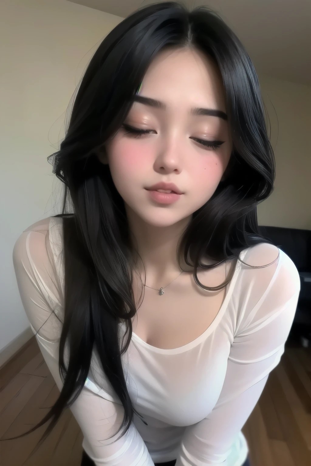 melhor qualidade, , black hair, long hair, baby face, pequena, linda, tired face, em casa, acordando, corpo todo, nova, peito pequeno, mostrando o peito, messy hair, foto, mostrando o corpo, luz real, realista, bem detalhado, good lighting environment, abajour, cabelo na cintura, asian, corpo todo, , pequena,