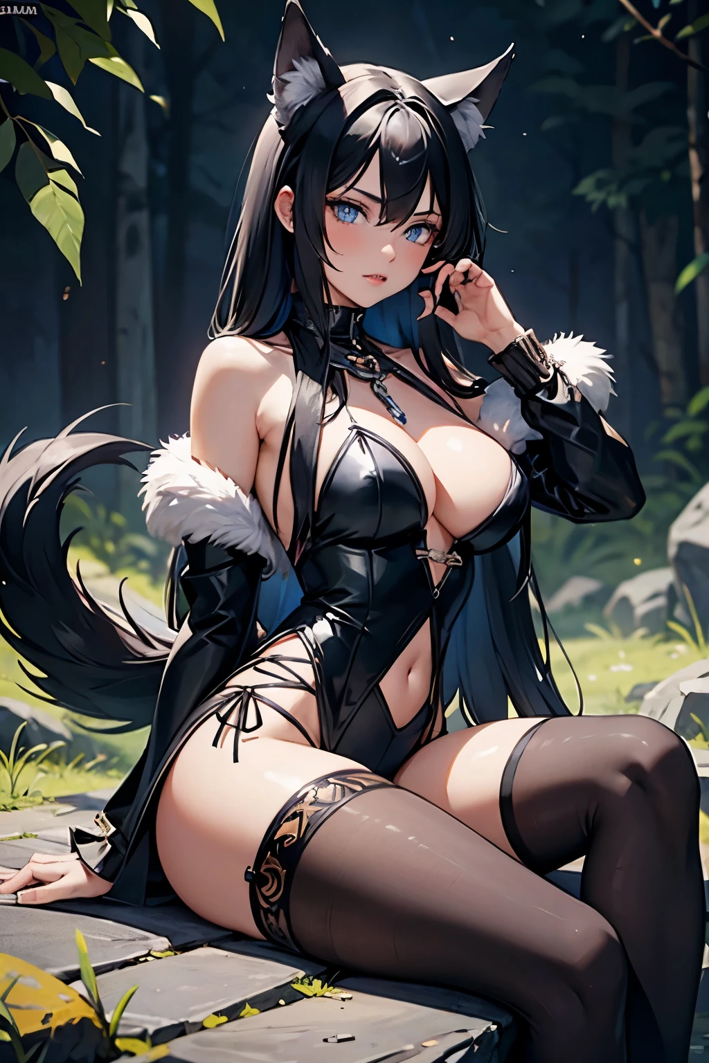 1 wolf woman, black hair, long hair, wolf ears, lifeless blue eyes, thin lips, round face, large breasts covered by chain mail, slender waist, wolf tail, fluffy tail, sitting on a stone, observing the viewer ,arrogant look,(sfw)
