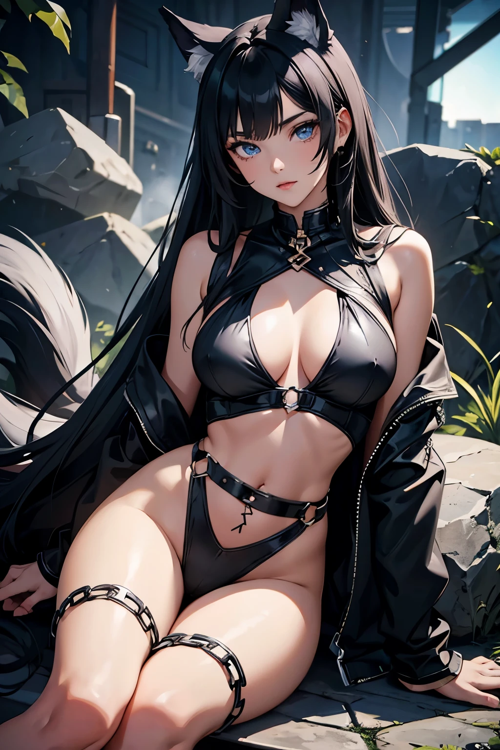 1 wolf woman, black hair, long hair, wolf ears, lifeless blue eyes, thin lips, round face, large breasts covered by chain mail, slender waist, wolf tail, fluffy tail, sitting on a stone, observing the viewer ,arrogant look,(sfw)