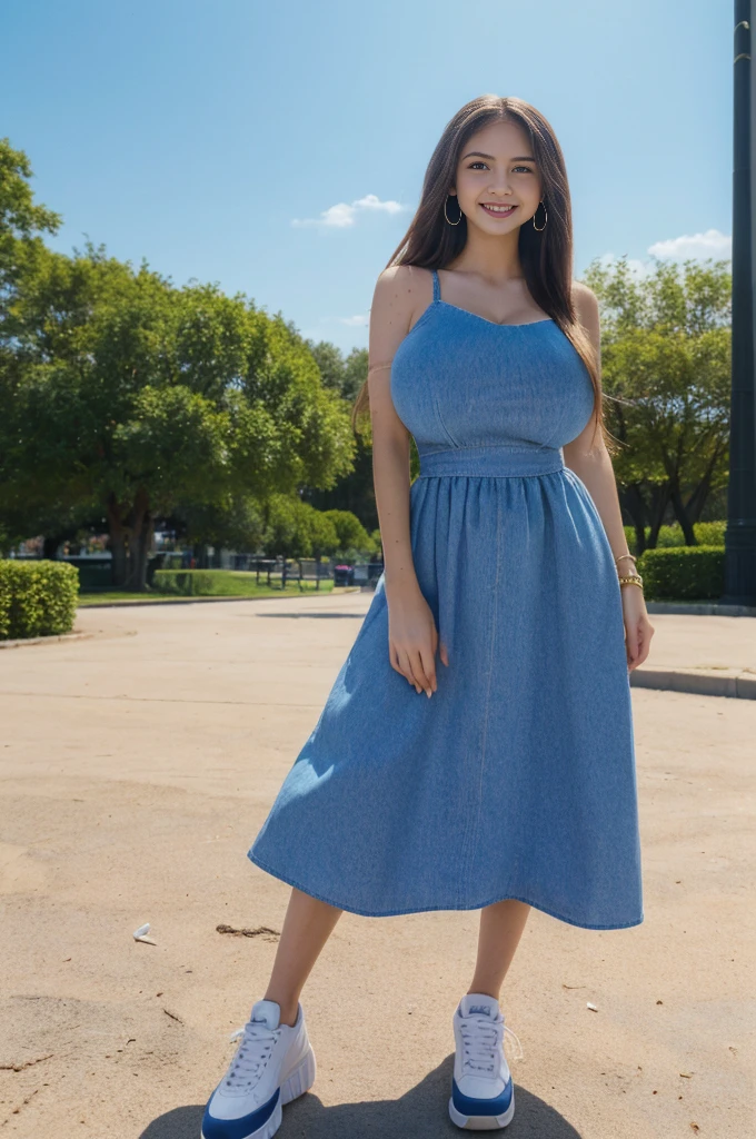 (masterpiece, top quality, best quality, official art, beautiful and aesthetic:1.2), (1girl),lenik, long hair,straight hair,(big breasts:1.5),full body view,standing straight,looking at viewer,at the park,(sfw:1.5),blue sky,tight floral summer dress,earrings,smiling with mouth closed,sneakers,realistic park,
