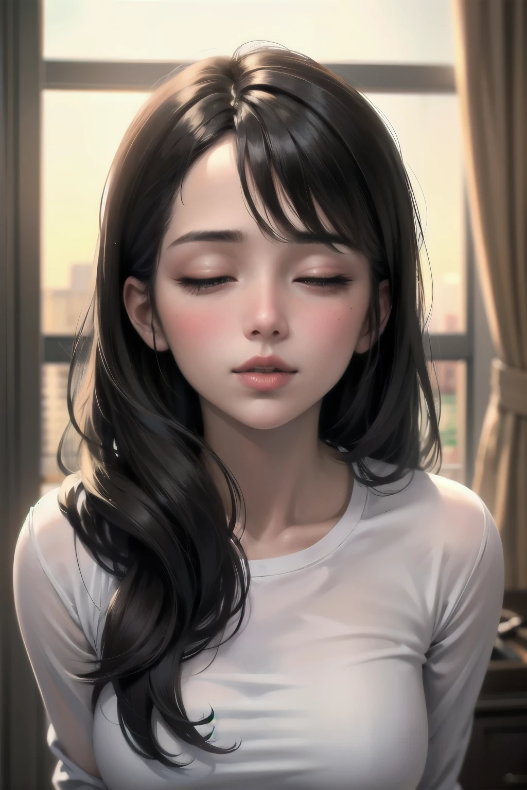 Sexy and cute woman, black brown hair, long hair, straight hair, weak eyes, blushing intensely, lips parted, ready to kiss, long oversized white shirt