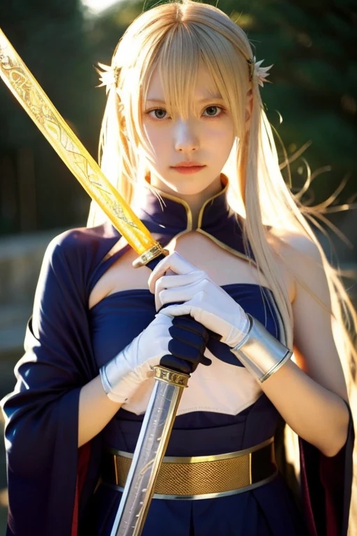 anime fate zero Saber's Cosplayed blonde beauty I can see the whole body Holding the holy sword Excalibur The background is massive stabbed by a sword Twilight Hill A gentle breeze blowing