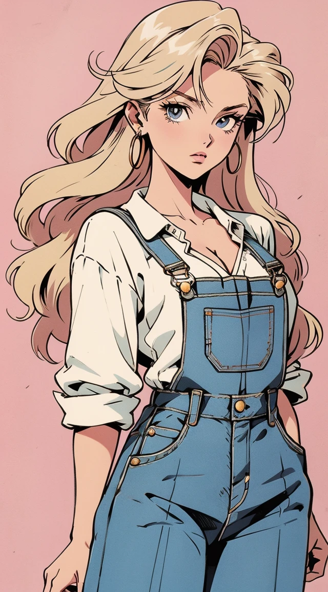 anime girl, 90s anime, vintage classic anime aesthetic, pink overalls, white shirt, short overalls, long blond hair, cleavage, dinamic poses