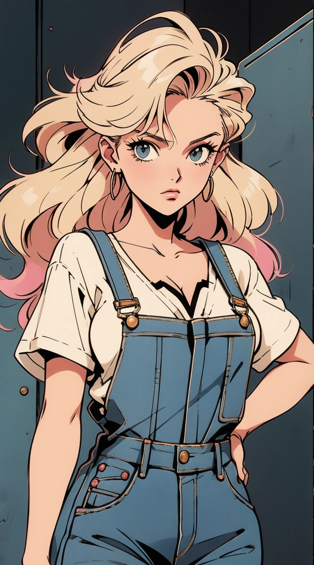 anime girl, 90s anime, vintage classic anime aesthetic, pink overalls, white shirt, short overalls, long blond hair, cleavage, dinamic poses