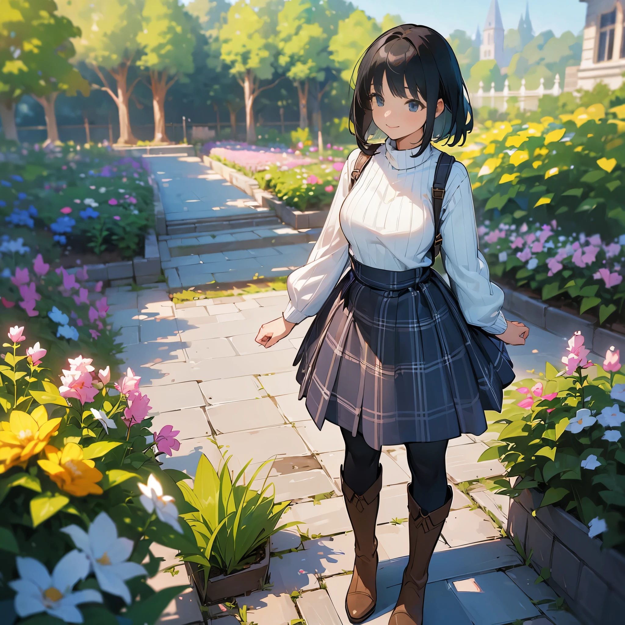 (high quality, High resolution, Super detailed, reality:1.37), peaceful atmosphere, (outdoor, garden ,garden), teenage girl standing alone, (my breasts are big.), Beautiful detail features, cute smile, (black bob hair), ribbed sweater, blue plaid skirt, black tights, brown boots.