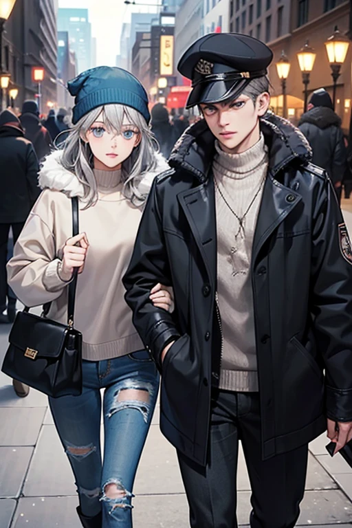 The couple both look like dead humans, as they both sport human bones. The girlfriend has little parts of grey hair around her skull, a brown purse, and a fur coat. The boyfriend has a blue cap, along with a ripped sweater and ripped pants. Andy Ristaino has stated that these skeletons were supposed to look like they were "east coast commuters... all bundled up for winter." SPARKLE; GLITTER