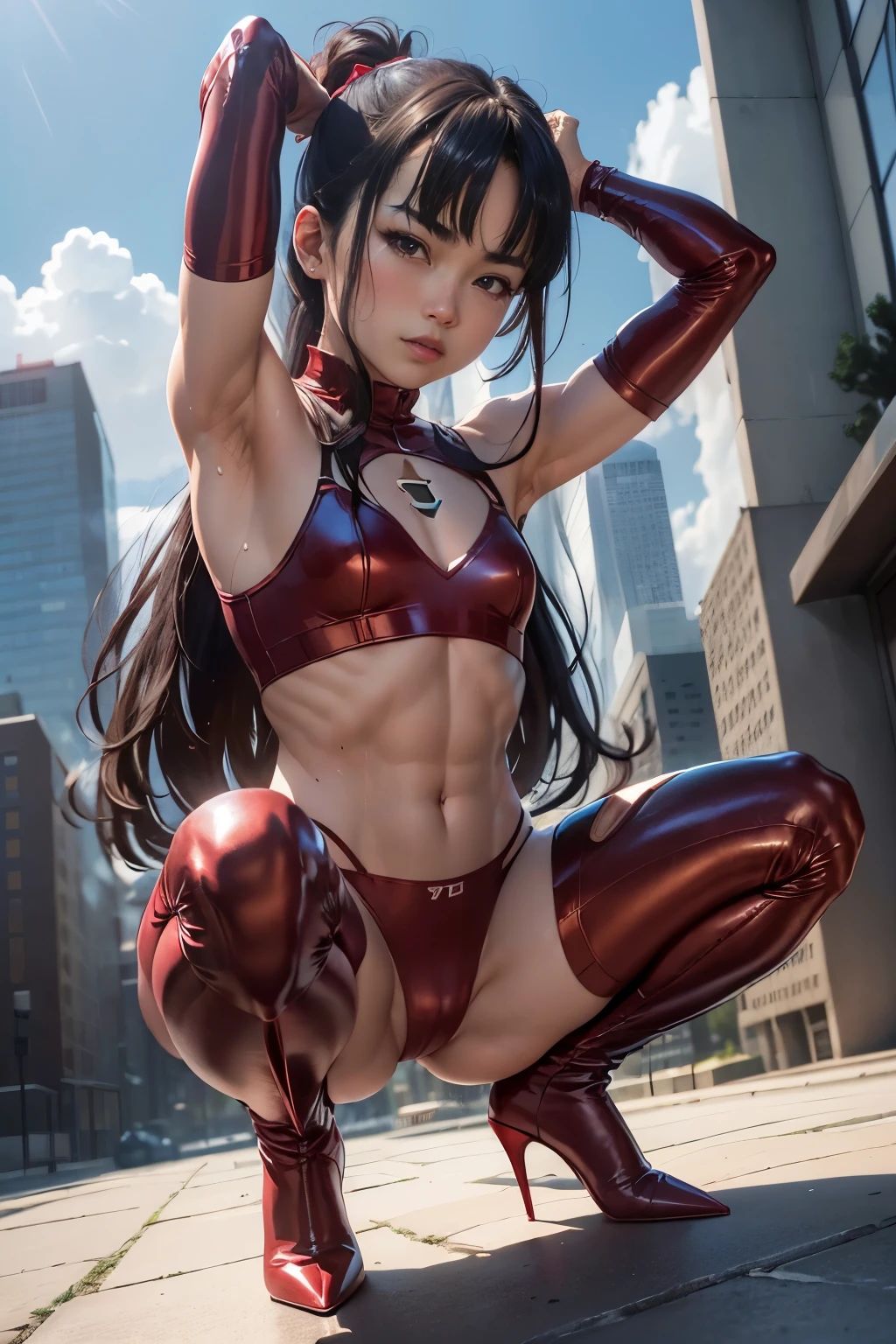 NSFW、((flat chest))、((Rogel))、(((Photo from the front of the body)))、highest quality、best image quality、masterpiece、Creating Japanese Women, Day Park Bench, black shiny hair, , Ponytail hair with bangs, Blue eyes and Igamem Realistic RAW 8K, The top of a skyscraper shining in the blue sky, Lens Tips, Superman, ((Uniform style separate costume for athletics))、((No sleeve))、Supermanのスーパーガーメントはブルーメタリック、abs、(((Small red metallic panties))), (((High leg)))、(((camel toe))), bulge in pants, female pervert々Lion Junior,　(embarrassing)、blush, ((Sweat)), Superman symbol on background、(((squatting on the ground)))、(((squat)))、(((Open your crotch wide from side to side))), (((Please spread your legs and show me)))、(((Long boots in red metallic　stiletto heels)))、(arm behind head)、(show off your armpits)、look at the audience、Please show your crotch to the viewer、professional photography、professional lighting、natural soft light、