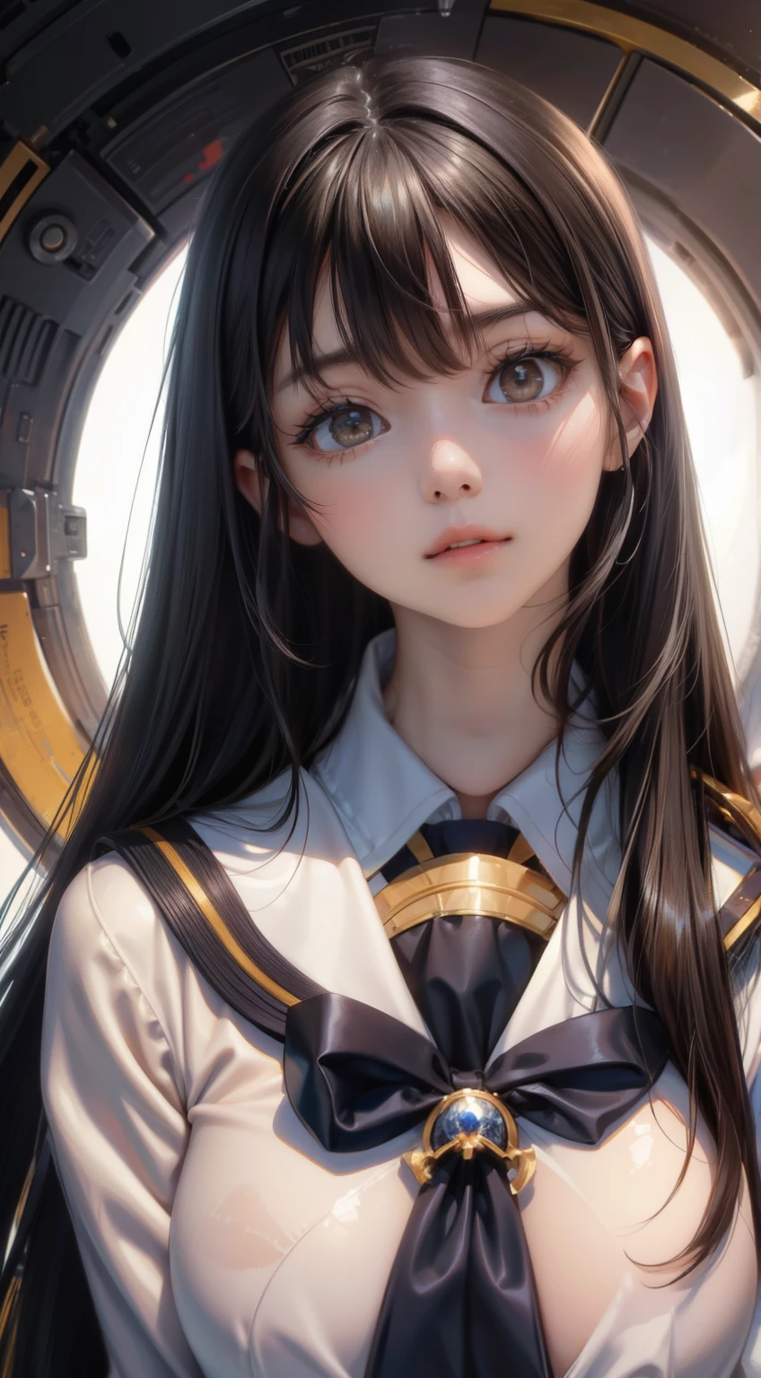 1 girl,(highly detailed skin)、best image quality,surrealist portrait,(8K),Super realistic,最high quality, high quality, High resolution, high quality texture,high detail,beautiful,become familiar with,Very detailed CG,become familiar withテクスチャー,realistic expression,masterpiece,sense of presence,dynamic,bold),long hair,(super thin hair),(super soft hair),(ultra straight hair:1.5),流した長いbangs,hair above one eye.black hair、bangs、facing forward、looking at the viewer、Two-dimensional beautiful girl、black hair、long hair、bangs、Goddess smile、cute smile、Two-dimensional beautiful girl、I、wearing a sailor suit、big breasty nipples are erect