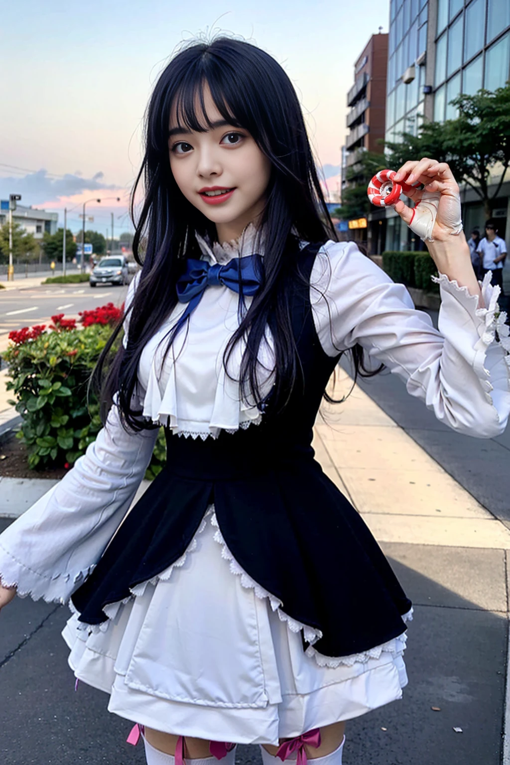 (masterpiece), best quality, 30's woman, frederica bernkastel, dress, tail bow, purple hair, bowtie, cat tail,, socks, (crazy eyes:1.2), (troll face), (flying), (candy:1.4), sky, outside, red sky, milky way, amazingly beautiful, cyberpunk, photorrealistic, standing position, hyper realistic, perfect hands