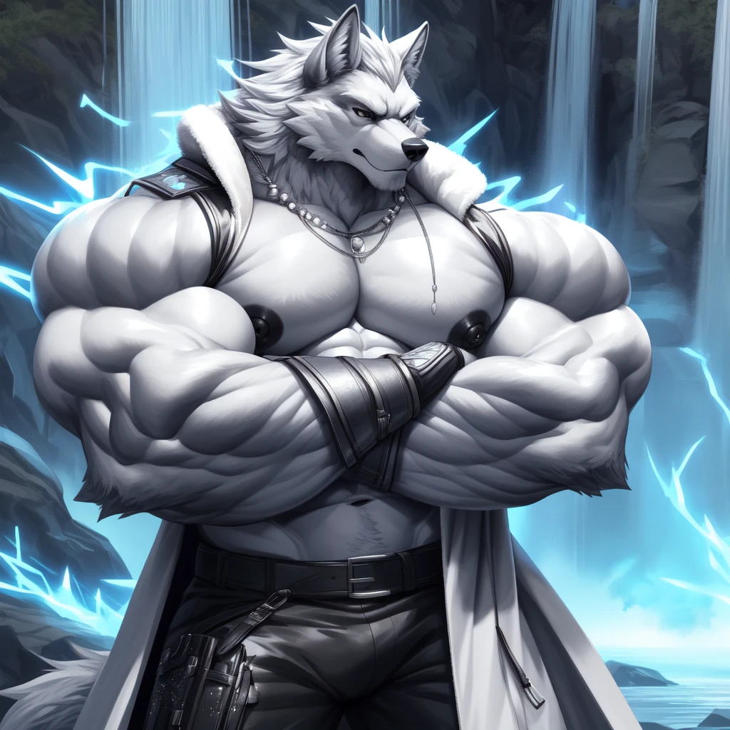 (upload on e621) (Masterpiece) (by Drks) (best quality) (ultra high res) 4K (8k HD) 2D (perfect anatomy) (digital art) (official art) (extreme detailed) (ultra detailed) (strapsanime) color (soft shading) (sharp focus) (waterfall background) 1man silver body fur silver belly detailed fluffy fur (ultra detailed face) high detailed eyes high detailed iris eyes high detailed silver eyes (white sclera) black pupils big navel abs bare pectoral (((huge black shiny nipples))) black claw nails furry wolf male mature male silver giant bulky muscular body fur giant size canid (((huge muscles))) (((hyper muscles))) huge pecs (((oversize pecs))) huge biceps (((giant biceps))) (((fullbody))) canine canis mammal powerful wolf god wolf male calm cool collected demeanor face badass wolf anthro solo standing (((wearing silver full complete sleeveless long trench coat jacket))) (((silver longest flowing length hair))) (((silver longest flowing length back fur hair))) (((silver longest flowing length hair fur front lay on pecs))) (((perfect fingers))) (((five fingers))) silver hands and fingers (((wearing silver fingerless gloves))) (((silver arm bands on his biceps))) (((three silver arm bands on his forearms))) (((dark black huge bead necklaces))) (((dark black huge longer bead necklaces around neck to pecs))) (((silver long wolf tail))) (((black long pants with silver lines with belt straps on both legs))) (((silver electricity and silver glitter aura flow entire body))) (((blue silver aura around his body))) (((crossed arm pose)))