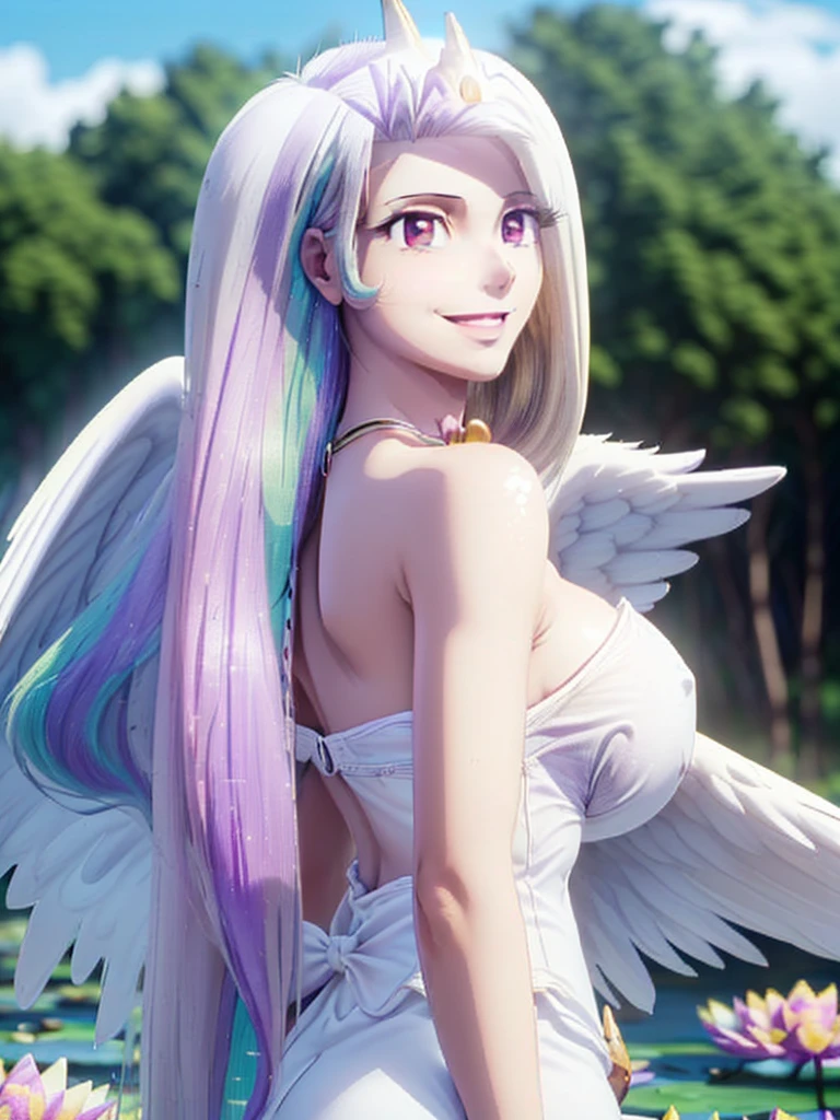 great quality ++ Extremely detailed high resolutionolution, very aesthetic, expressive eyes, (((perfect face))), (((face symmetrical))), ((good anatomy)), (((perfect hands))), (((8k))), UHD, HD wallpaper, (((detailed high cal, (((((1girl)))))), only, masterpiece, The best quality, high resolution, Highly detailed, (illustration), beautiful detailed eyes, (((combatant))), (((1girl))), ((((fulll body)))), (((((((irisviel von einzbern)))))), (((((smile))))), ((humanized princess celestia)), Celestia, Celestia de My Little Poni, Celestia in milf form, long wavy hair, (((red eyes))), (((strapless tube dress))), (((white dress))), (((white pony ears))), (((((wings))))), (((Detailed fingers))), Precise fingers, Not unnatural hands, strange eye, Greek columns, exterior, beautiful majestic forest, vine leaves surrounding the columns, flower bushes everywhere, clear sky, bright sunny day, ((((Multicolored Hair))), heavenly forest, U V