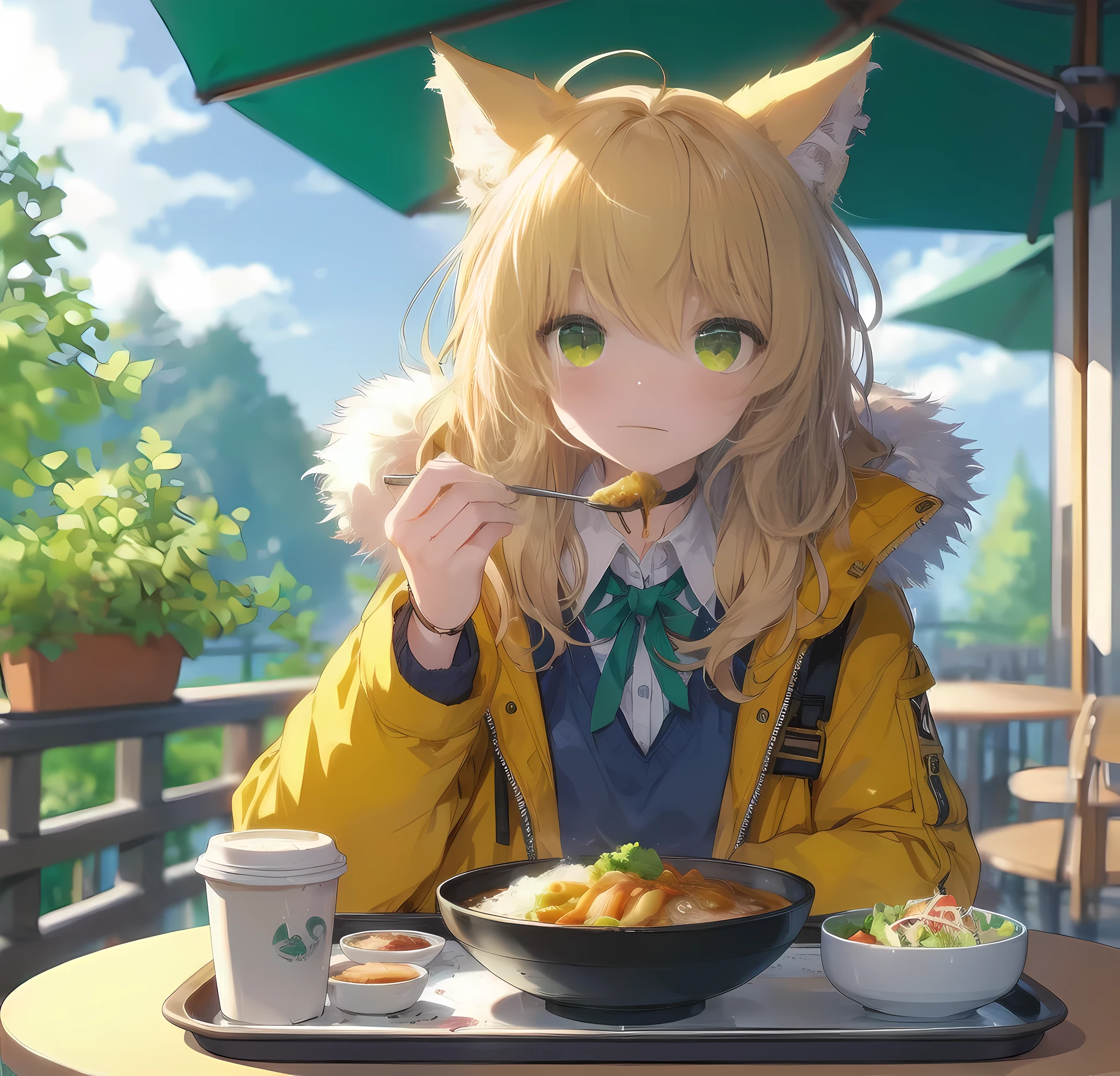 Furry 2/3,Human 1/3,cute fox,woman,cute big breasts,nadium chest,The upper body is wearing a white T-shirt,On the lower half of the body, he wears black shorts,Inside the restaurant,Sitting at the dining table,There is ramen and tea on the table.