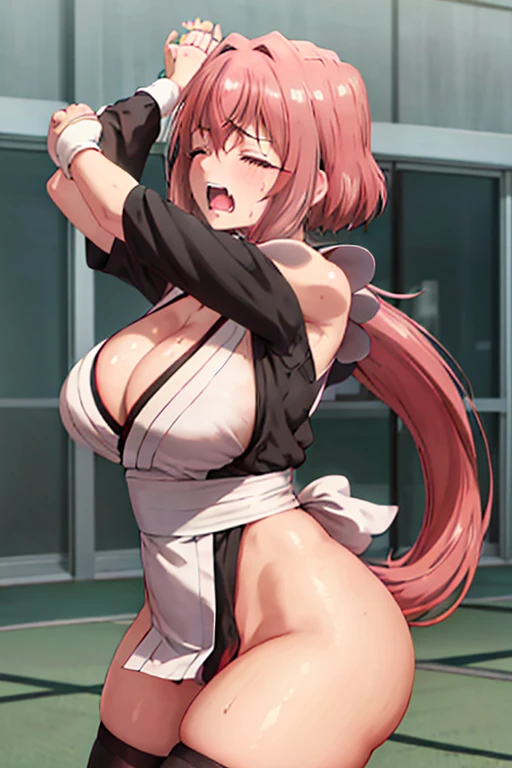 masterpiece, best quality, beautiful art, high resolution, well formed hands, body and fingers, 1 woman, solo, Hakari Hanazono, adult, grown up , big breasted, cleavage, full body, wearing a Iroha Samurai Shodown outfit, maid, hair ornament, black stockings, pelvic curtain, sexy Japanese clothes, gorgeous legs and thighs, ryona , in peril, she is being beaten up by her opponent, she is slapped in the face and being slammed against the floor, receiving the impact of her opponent's attacks, closed eyes, screaming in pain and agony, ryona and perilous scene, bouncing breasts, weak and helpless, martial arts tournament on the beach
