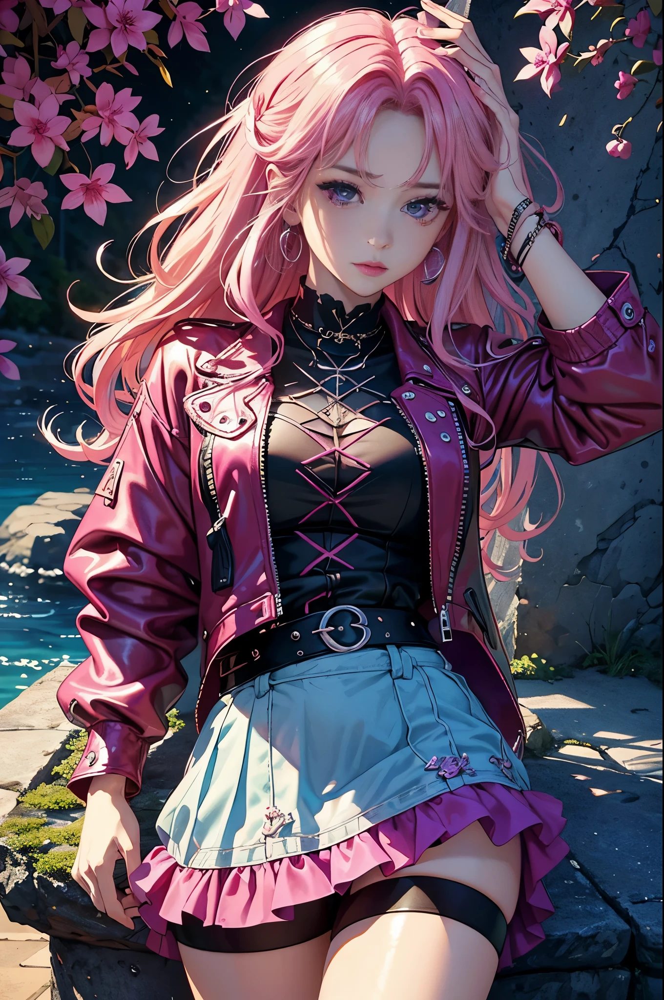 magenta tint、Bright colors、((masterpiece)))、(((top quality)))、((Super detailed))、(surreal)、(Very detailed CG illustrations)、official art、CD cover、This will be、midsummer、fashionable、The glorious 1980s、cruel beauty、cochetti gorgeous、gorgeous、Colorful hair、rock music、leather jacket、miniskirt、women only、perfect angle、Perfect composition、