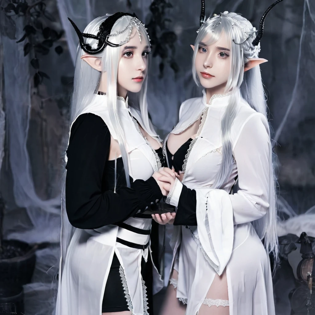 2girl ,black clothes,white clothes, black hair, white hair, dark elf
