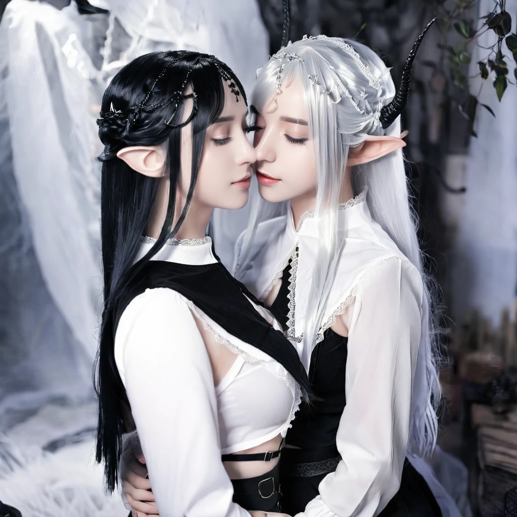 2girl ,black clothes,white clothes, black hair, white hair, dark elf