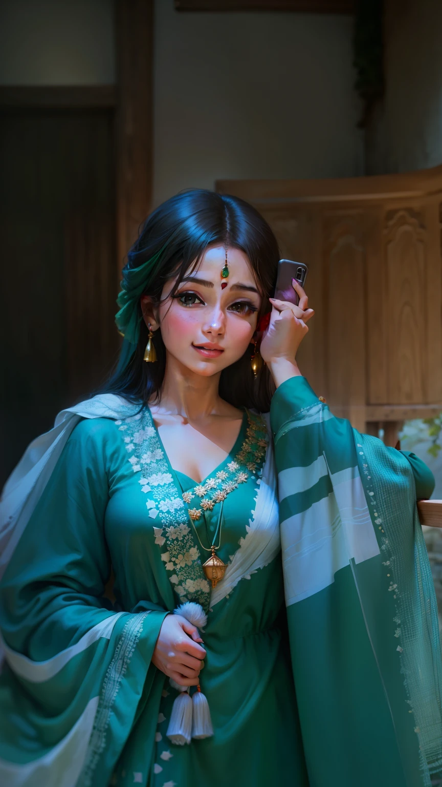 there is a woman in a green dress holding a cell phone, profile pic, wearing a silk kurta, with beautiful colors, candid picture, very very low quality picture, traditional beauty, low quality photograph, with a beautifull smile, wearing a kurta, portait photo profile picture, with lovely look, 🤤 girl portrait, wearing beautiful clothes