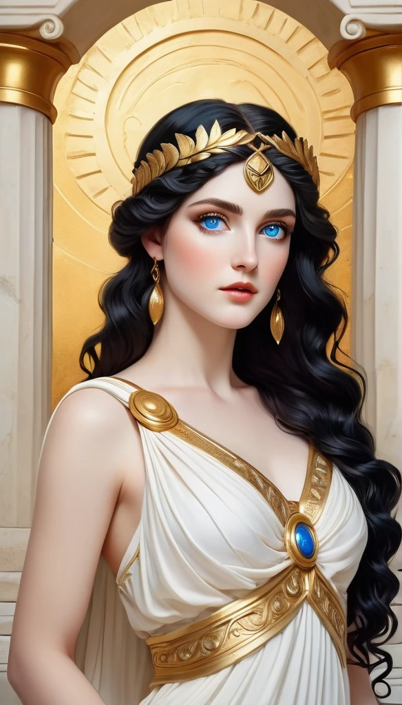Beautiful Goddess Artemis, long black wavy hair, big blue eyes, long eyelashes, white skin, one-shoulder white dress in ancient Greek style, with golden ornaments, Greek style background.