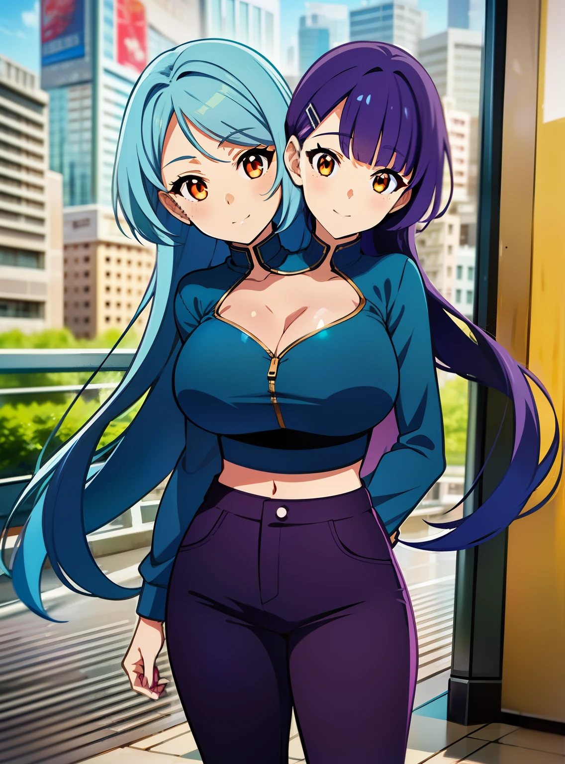 (masterpiece),(ultra-detailed), (high quality), (high resolution), (best quality:1.5, highres, UHD), highres, absurdo, ultra detail, ultra quality, 16k,((2heads:1.5)), 1girl, (long hair), ((light blue hair)), ((purple hair color)), ((light orange eyes)), (purple pants), ((cheerful)), ((air-headed)), ((mature woman)), smooth and lustrous skin, ((beautifully tall and slim woman)), futuristic city, gentle smile, city background, ((side bang)), revealing clothes, open v chest clothes, anime full body illustration, female outfit, ((wearing a blue sexy cropped top)), single character full body, anime vtuber outfit, female anime character, wearing casual clothes, blue jacket over bare torso, full body details, ((detailed eyes)), (hair clips)