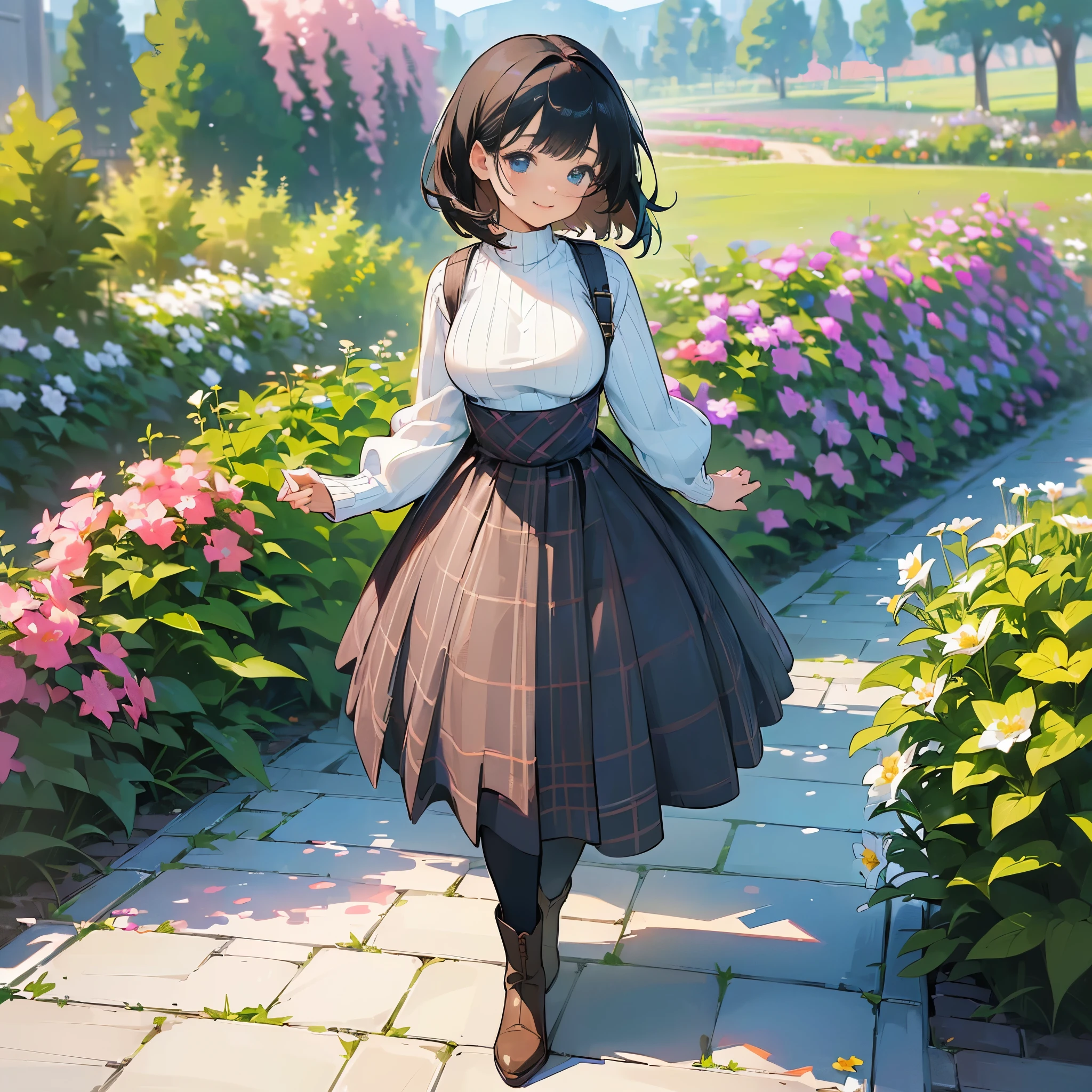 (high quality, High resolution, Super detailed, reality:1.37), peaceful atmosphere, (outdoor, garden ,flower), teenage girl standing alone, (my breasts are big.), Beautiful detail features, cute smile, (black bob hair), ribbed sweater, blue plaid skirt, black tights, brown boots.