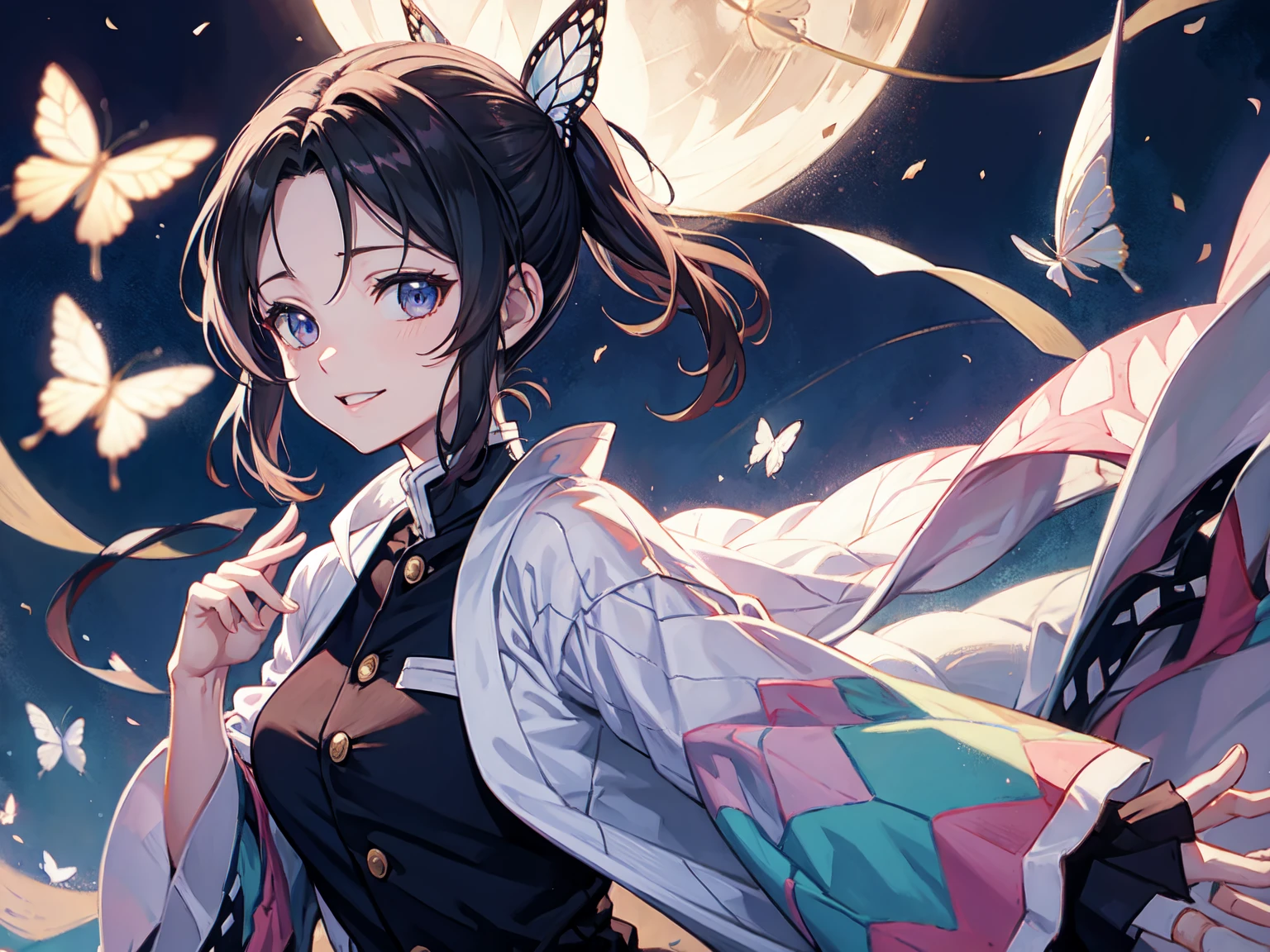 shinobu, Kimetsu no Yaiba manga, 1 girl, smile gently, play with butterflies, dynamic angle shot, ultra detailed, ((hyper realistic)), glittering, moon light, RAW photo,