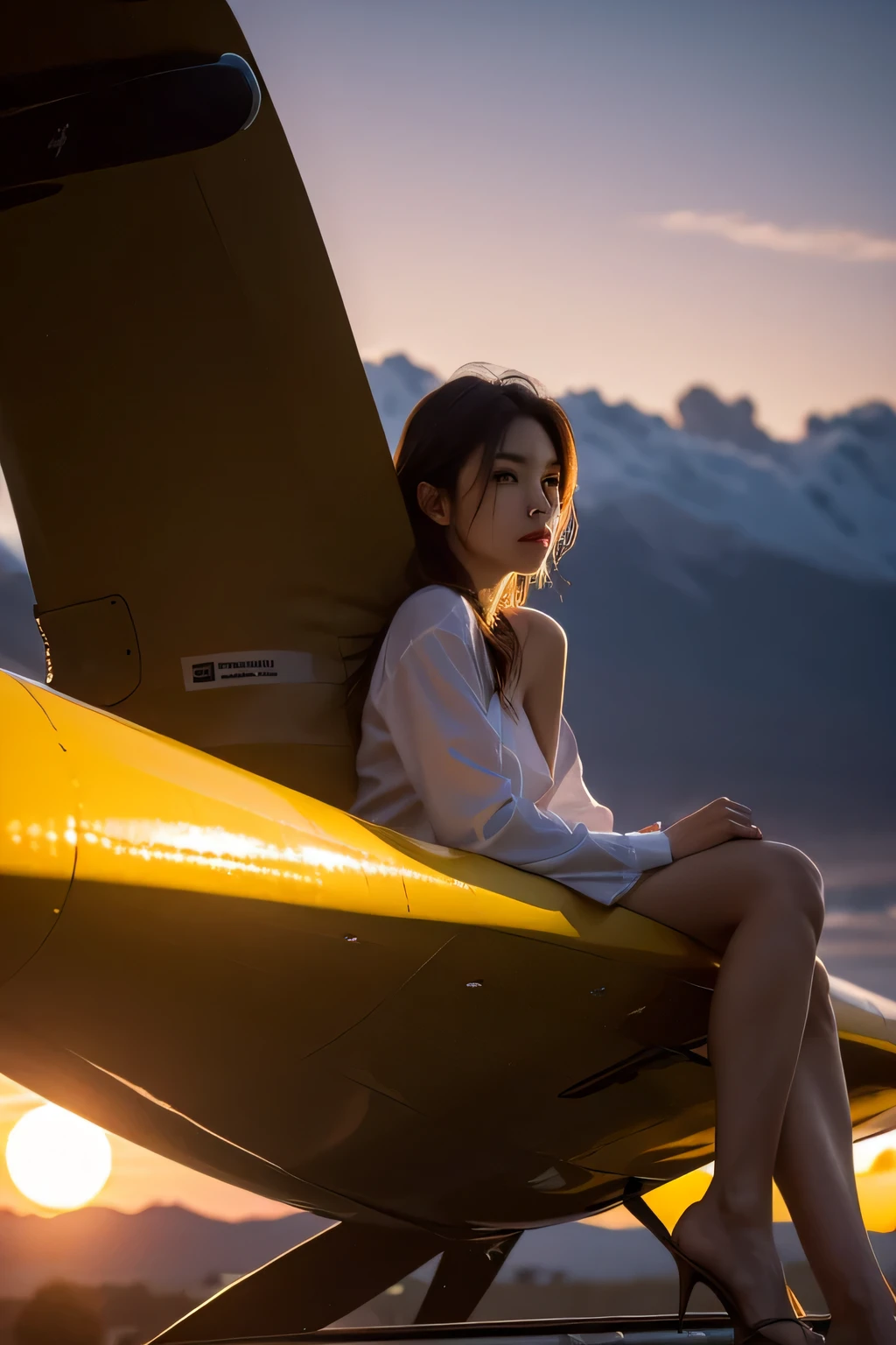 (8K, original photo, best quality, masterpiece:1.2),(actual, photo-actual:1.37), ((best quality)), ultra high resolution,extremely detailed CG unity 8K wallpaper, Physically based rendering,movie lighting,whole body, (Bokeh:1.4), (1 boy), sit, watch sunset, Warm sunset, beautiful sky, cloudy, aircraft trajectory, looking from a distance, from below