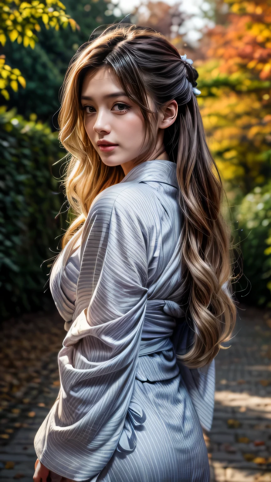 Photographed in a forest of autumn leaves、High resolution photos。Gorgeous young woman posing looking at camera、Surrealistically drawn in Unity 8k。she is slender and curvaceous、Long curly hair flowing down her back、With detailed faces and eyes、It looks like it shines in the dark。((She wore a white patterned bell-sleeve yukata.))、1 girl, ((masterpiece、highest quality、Super fine、High resolution))、4K quality、((Beautiful woman))、22 years old、wet skin、shining eyes、perfect eyes、((Beautiful Nordic girl))、((long wavy hair))、Portrait、(((Wearing a bell sleeve yukata)))、masterpiece、highest quality、Super fine、High resolution))、4K quality、((holding a bouquet with both hands))