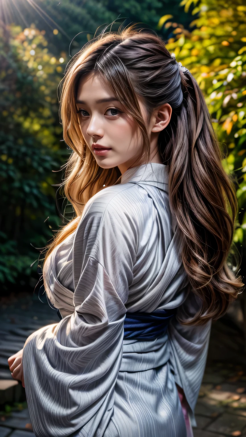 Photographed in a forest of autumn leaves、High resolution photos。Gorgeous young woman posing looking at camera、Surrealistically drawn in Unity 8k。she is slender and curvaceous、Long curly hair flowing down her back、With detailed faces and eyes、It looks like it shines in the dark。((She wore a white patterned bell-sleeve yukata.))、1 girl, ((masterpiece、highest quality、Super fine、High resolution))、4K quality、((Beautiful woman))、22 years old、wet skin、shining eyes、perfect eyes、((Beautiful Nordic girl))、((long wavy hair))、Portrait、(((Wearing a bell sleeve yukata)))、masterpiece、highest quality、Super fine、High resolution))、4K quality、((holding a bouquet with both hands))