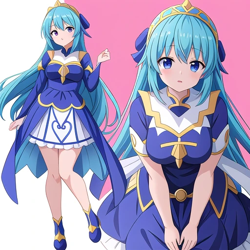 anime character of a woman in a blue dress and a blue cape, anime girl named lucy, holding a pudica pose, anime moe artstyle, anime goddess, cute anime waifu in a nice dress, , pudica pose, the anime girl is crouching, 
