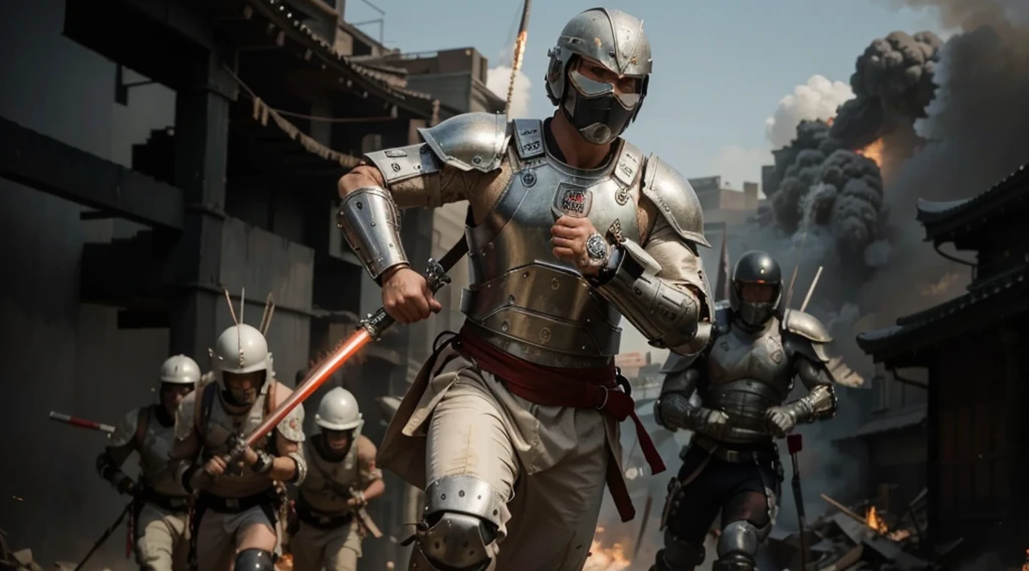 platoon of many very fierce menacing male warriors running ready to attack, Japanese face, white samurai style helmet, Modern Japanese style cyborg full heavy metal chest armor white, red color with white details, under the armor he wears a beige military uniform , holds an ultra-modern laser-edged katan sword, he is in a completely destroyed modern asian city, Fire, Explosions, smoke, 4k, Ultra detailed image, realistic, Highly detailed, perfect composition, splendid, Intricately detailed, Incredibly detailed, 8 k artistic photography, hyper detailed, Masterpiece, Ultra detailed, Hyper realistic, 4k, Ultra detailed image, realistic, Highly detailed, perfect composition, splendid, Intricately detailed, Incredibly detailed, 8K fine art photography, hyper detailed, Masterpiece