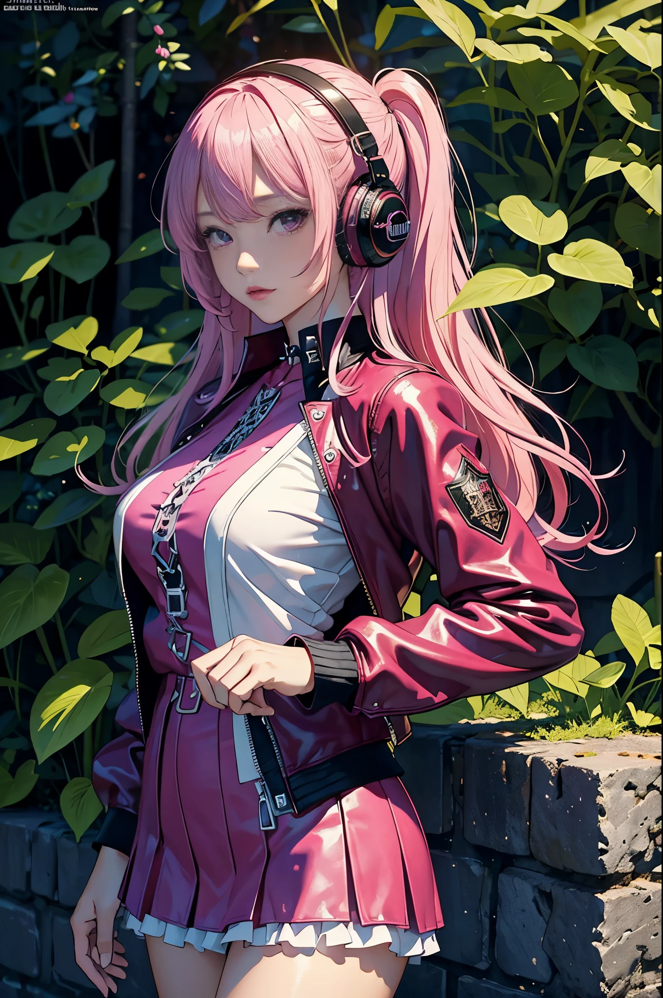 magenta tint、Bright colors、((masterpiece)))、(((top quality)))、((Super detailed))、(surreal)、(Very detailed CG illustrations)、official art、CD cover、This will be、midsummer、fashionable、The glorious 1980s、cruel beauty、cochetti gorgeous、gorgeous、Colorful hair、rock music、leather jacket、miniskirt、women only、perfect angle、Perfect composition、