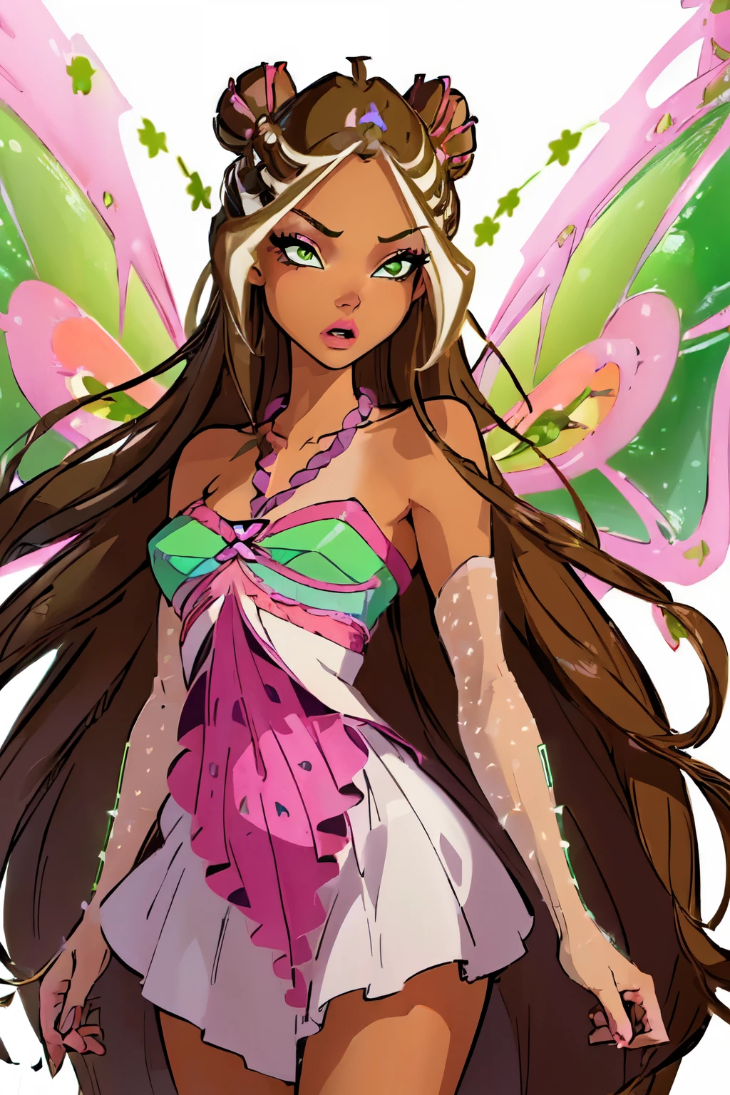 (Flora:1.5), dress, pink and green fairy wings, sparkling clothing, brown hair, green eyes, long hair, (solid white background:1.5), (realistic:1.2), (masterpiece:1.2), (full-body-shot:1),(Cowboy-shot:1.2), neon lighting, dark romantic lighting, (highly detailed:1.2),(detailed face:1.2), (gradients), colorful, detailed eyes,, (natural lighting:1.2), solo  