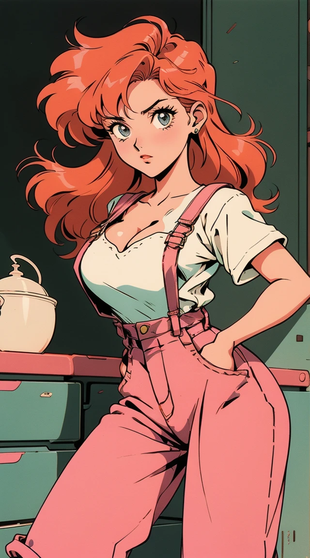 anime girl, 90s anime, vintage classic anime aesthetic, pink overalls, white shirt, short overalls, long orange hair, cleavage, dinamic poses