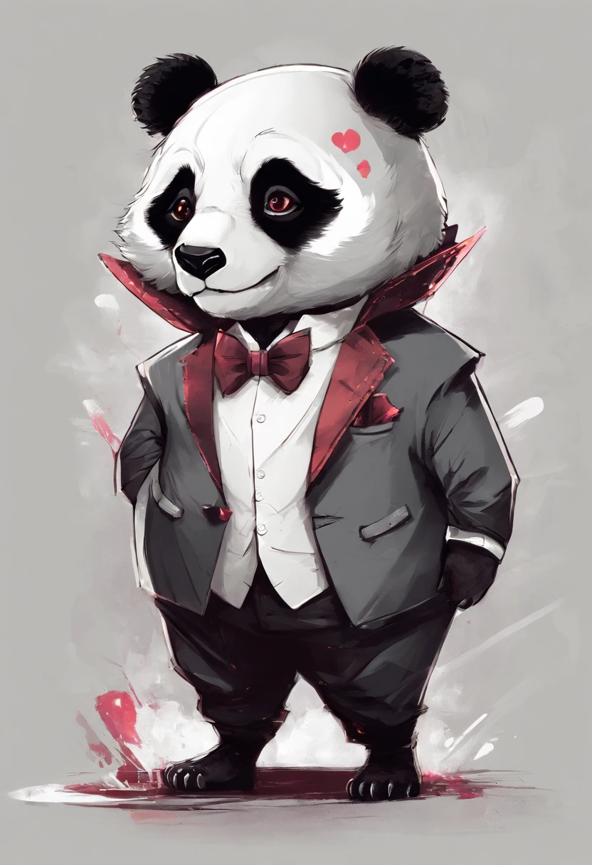 anthropomorphic panda, de cuerpo entero, vestido formalmente con un blazer, sostiene una bandeja, pegatina de panda, sticker de panda.