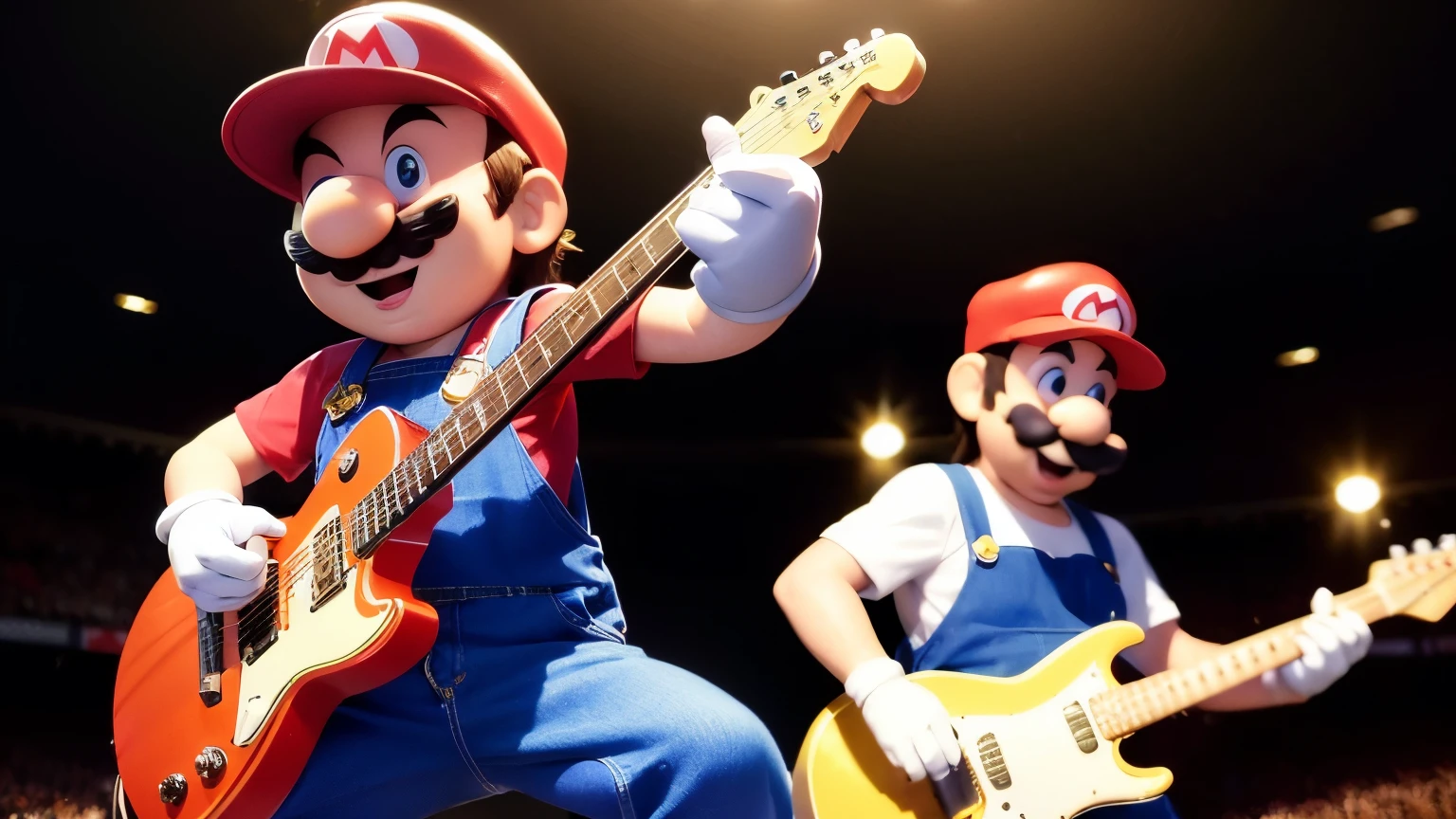 Super Mario Bros character playing a guitar, 3D animated style, vibrant colors, Super Mario world setting, guitar in hand, Mario's iconic red cap and overalls, smiling face, strumming the guitar, crowds of Mushroom Kingdom characters cheering in the background, ultra-high resolution, best quality, intricately detailed textures, Mario's expressive eyes full of excitement, lifelike rendering, lively lighting, stunning visual effect.
