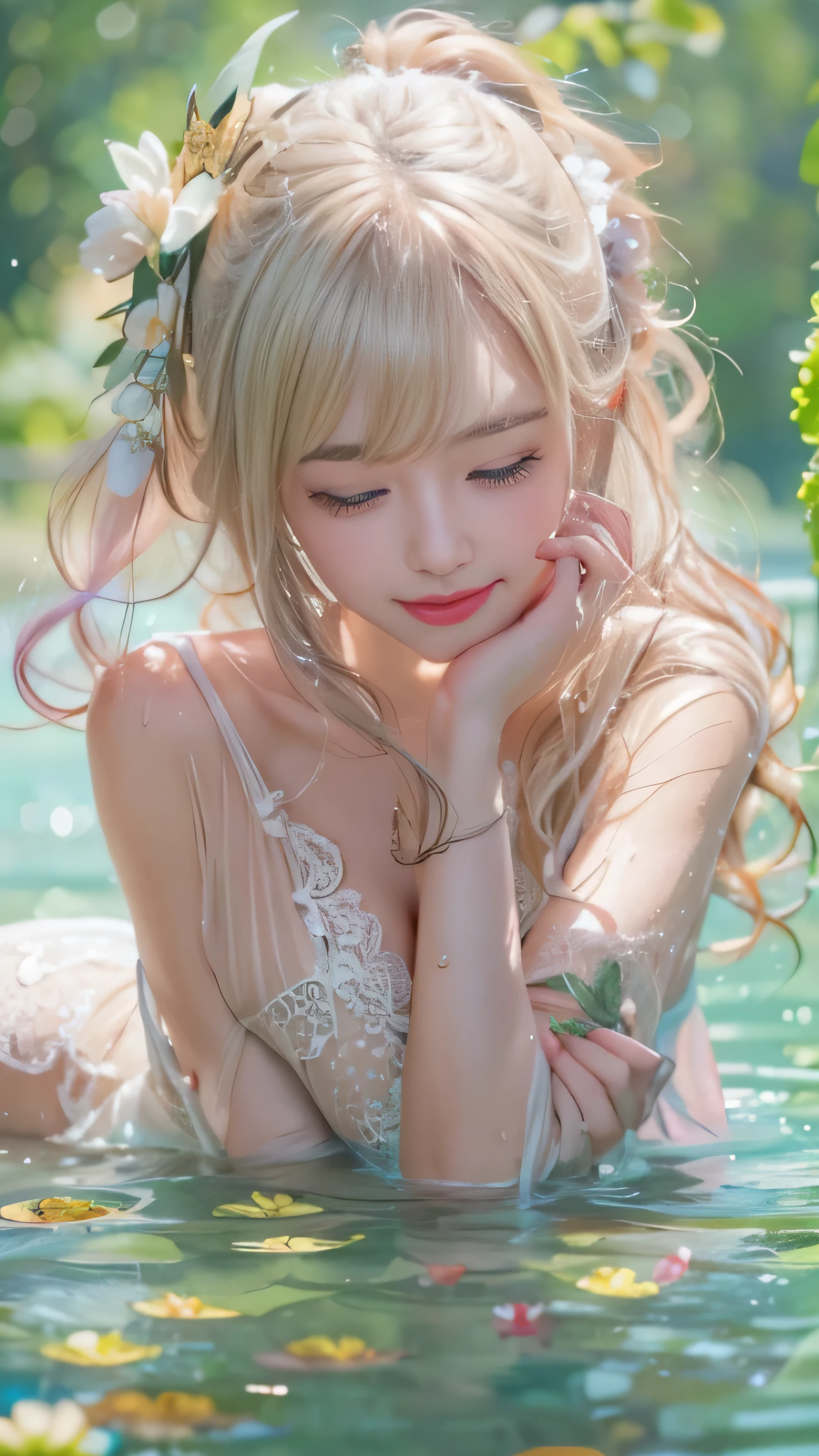 Woman Lying in the Pond by Monet、((Translucent white lace long dress))、1 girl, striped hair, blonde hair, one side up, shiny hair, wet hair, long hair, many, Depth of the bounds written, spark of light, letterbox, one person&#39;s perspective, Lens flare, f/1.8, 135mm, canon, wide angle,   table top, anatomically correct, rough skin, Super detailed, advanced details, high quality, 最high quality, High resolution, 1080p, hard disk、enchanting smile, shine, surrealism, modern.（well-shaped chest,)、((sexy pose)))、(camel toe), very beautiful breasts、grab your chest with both hands、shiny skin。realistic、Photoreal:1.37)、(K-POPアイドル)、medium hair、(pink blush)、(illuminate)、(alone)、dynamic pose、((nipple))、(puffy eyes:1.２)、 (slim legs)、erotic、very detailed ambient occlusion、超A high resolution, Super realistic, very detailed,  ((she is wet)).Skunk cabbage flower、Summer afternoon、